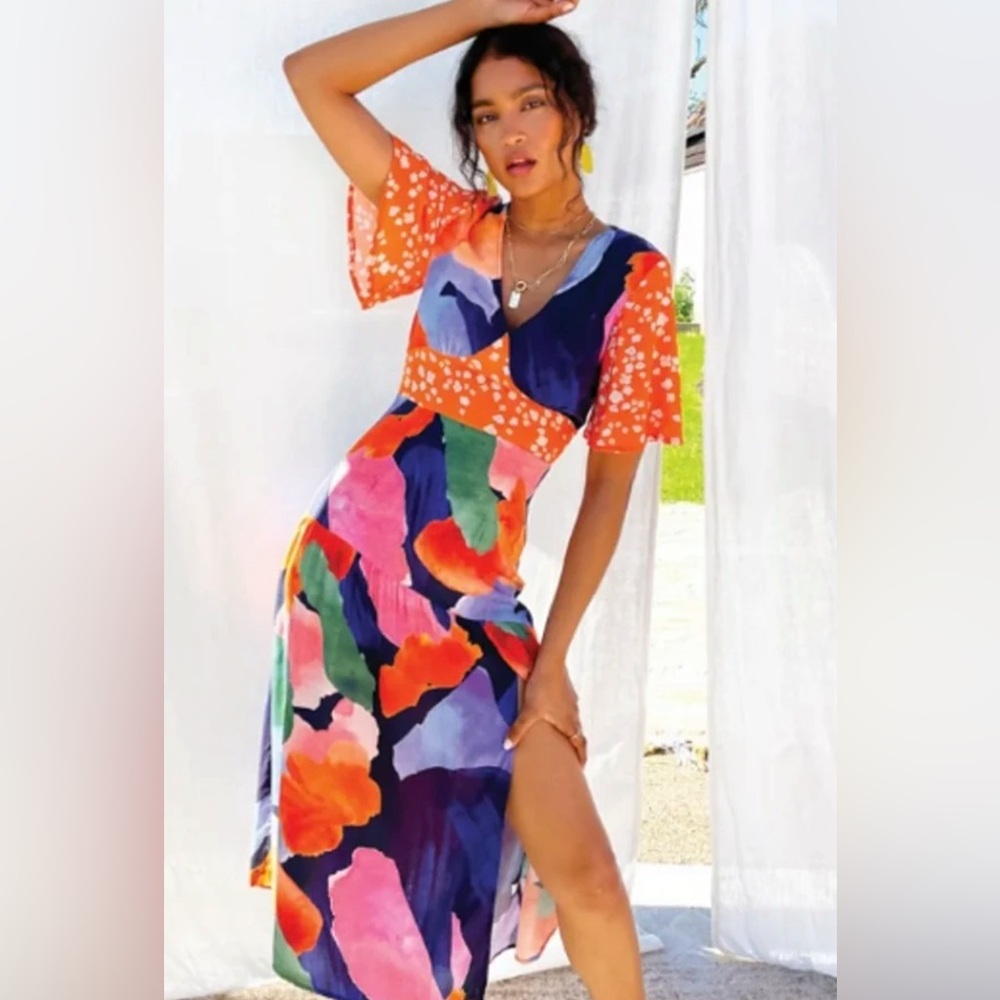 Never Fully Dressed, Spliced Artist Clover Dress with Flutter Sleeves